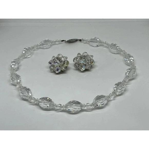 Vintage Clear Acrylic Faceted Beaded Choker Necklace 17" Clip On Earrings German - Picture 1 of 13